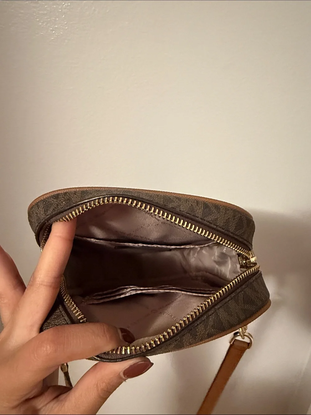 Michael Kors Dark Brown Monogram Leather-Trim Crossbody with Gold Hardware